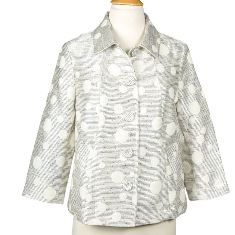 Chico's Size 8/10 Metallic Silver Polka Dot Jacquard‎ 3/4 Sleeve Blazer Jacket